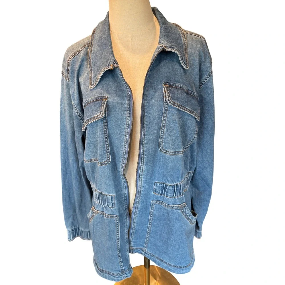Knox Rose XXL Blue Denim‎ Utility Zip Front Jacket Elastic Waist NWT